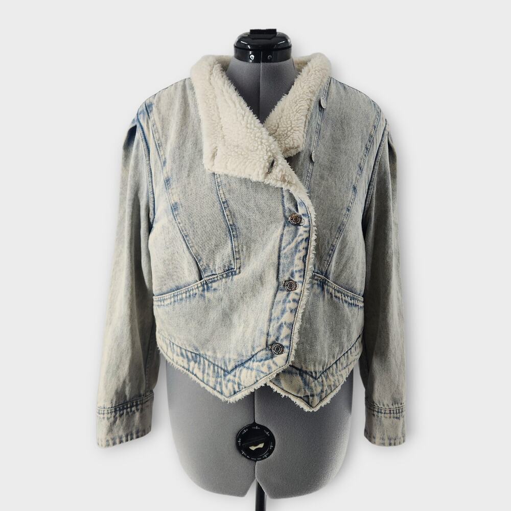 Veronica Beard Jacket Women's XL Acid Wash Neena Denim Sherpa Lined W/ Pockets